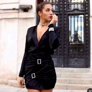 NWT ZARA JEWEL TRIM SATIN EFFECT COCKTAIL DRESS V LAPEL RHINESTONE BUCKLES